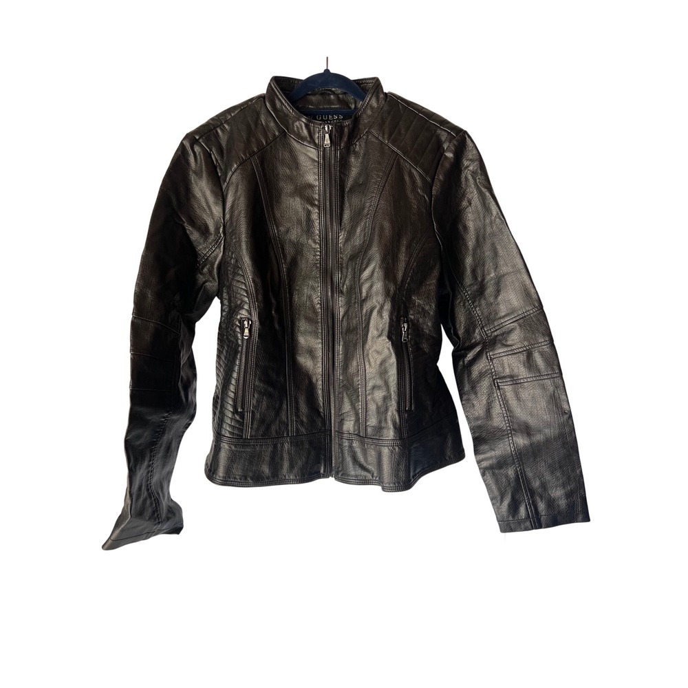Guess Los Angeles Womens Black Faux Leather Quilted Moto Jacket Zip Up